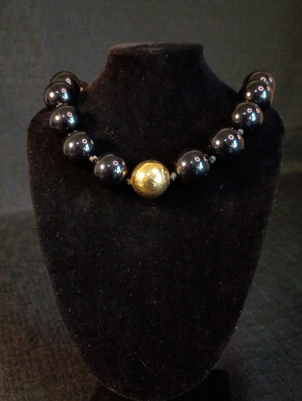 14in Black Beaded Statement Necklace with Gold Accents Large Beads